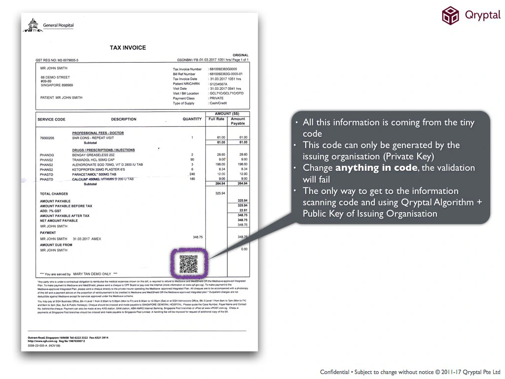 Sample hospital bill with QR code