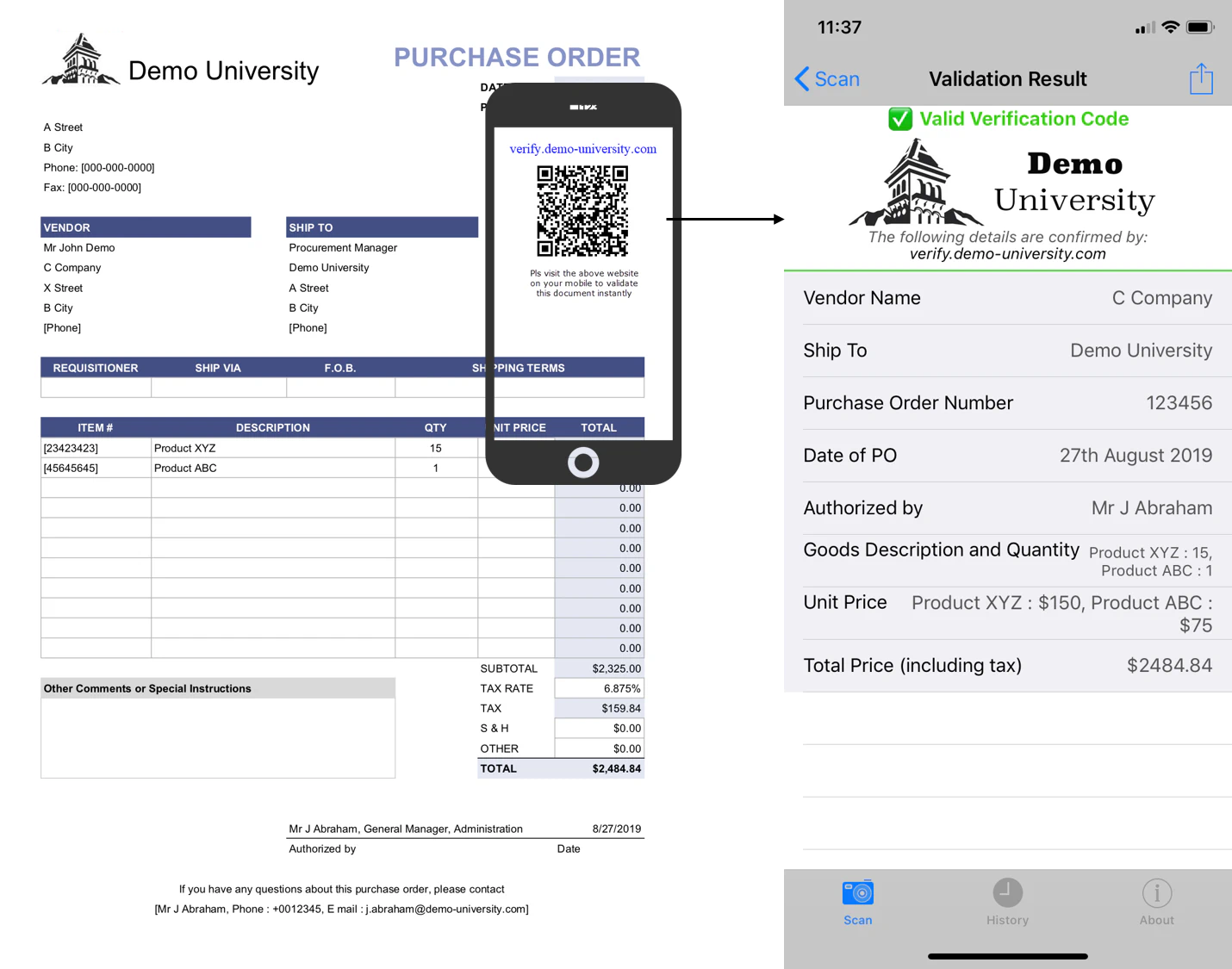 PO with secure QR code