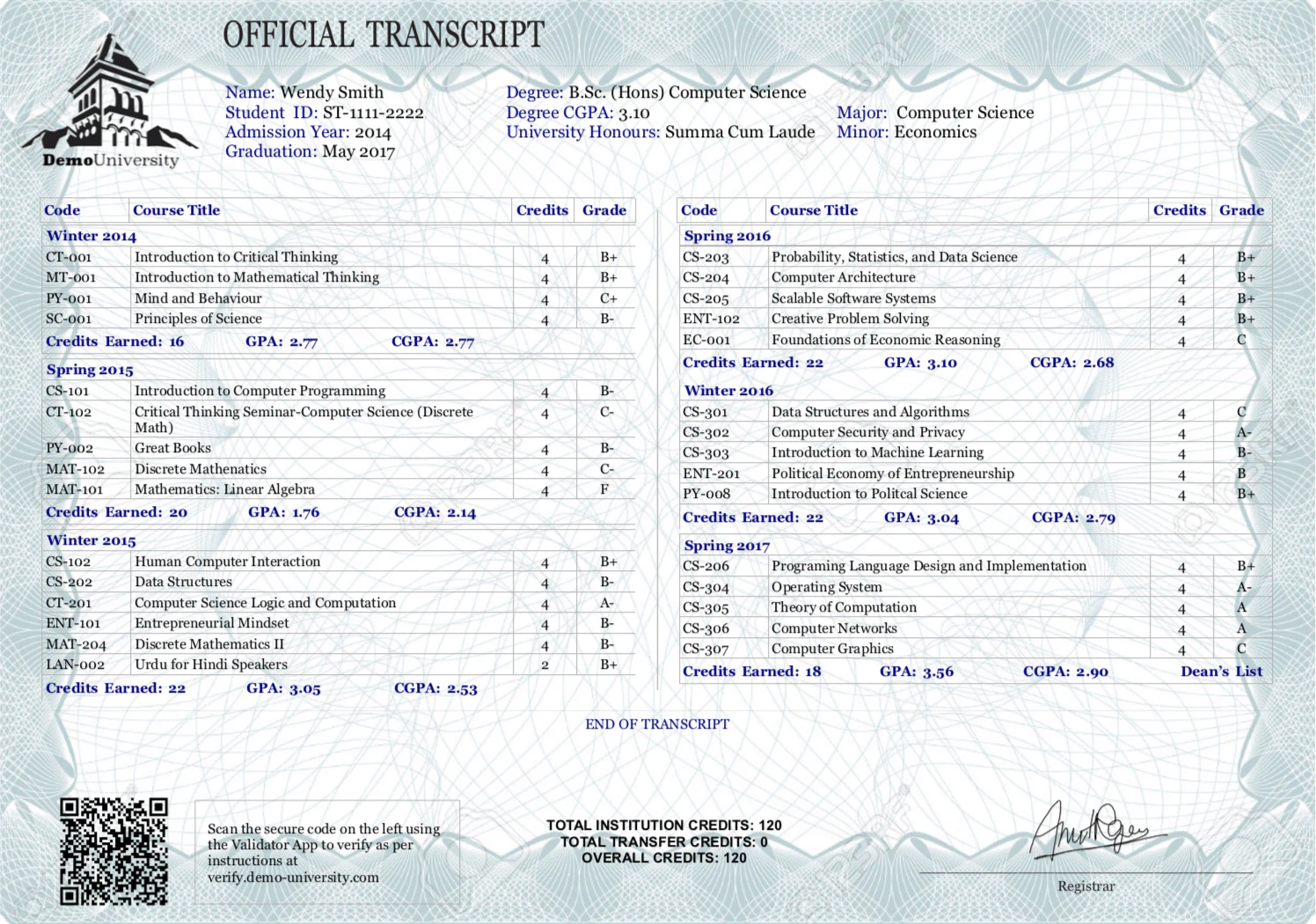 Sample university degree with secure QR code